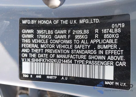 2019 Honda Civic Lx z USA, uszkodzony, nr VIN SHHFK7H32KU214454